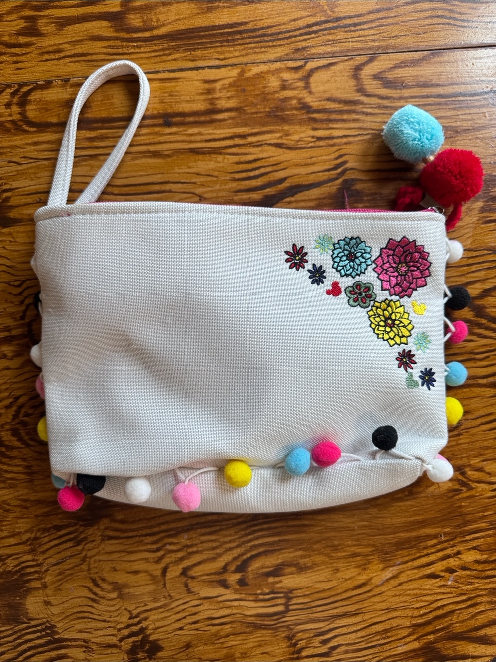 Disney White Canvas Pom-Pom Floral Wristlet
